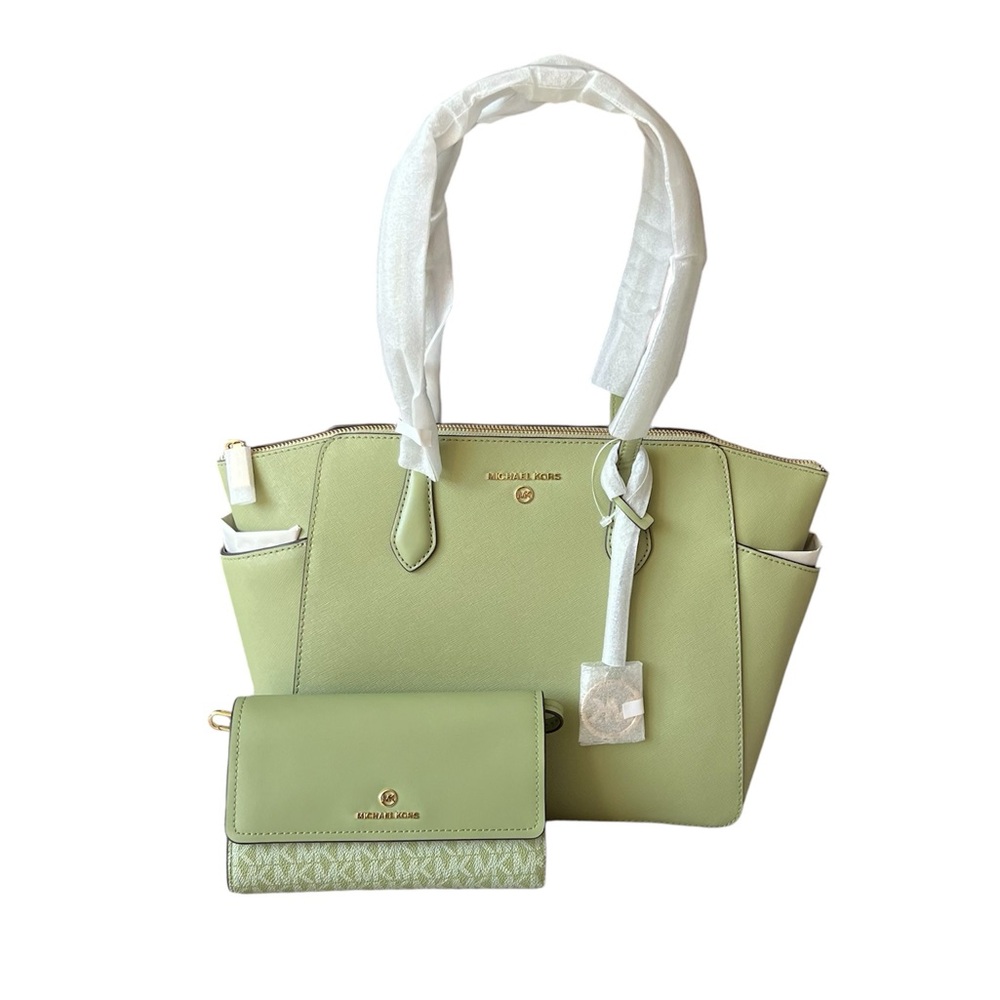 Michael Kors NEW Marilyn Leather Tote Light Sage and Jet Set Green Wallet Bundle